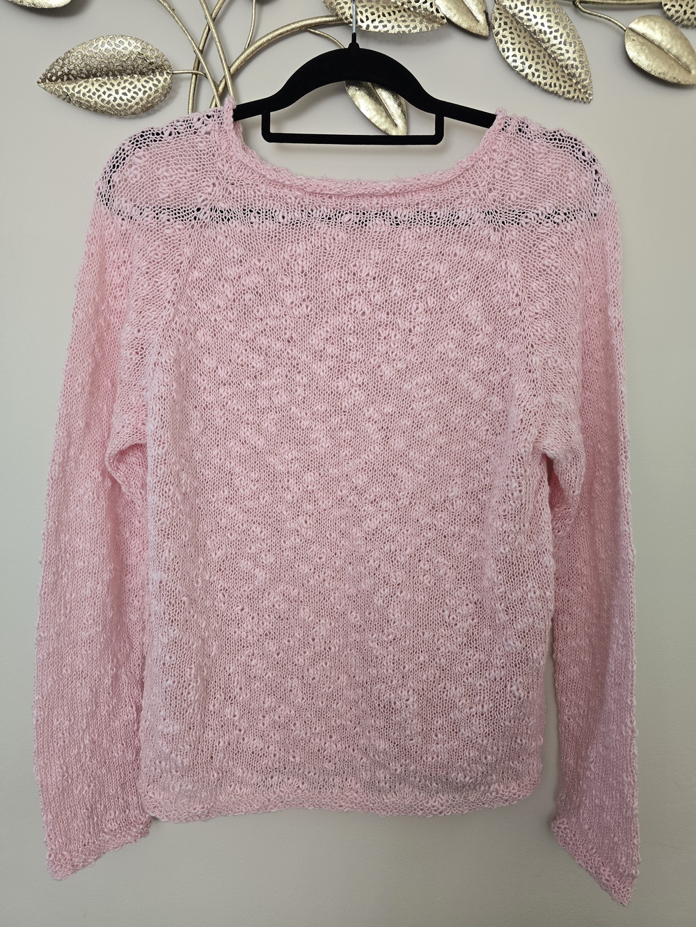 Handmade Women's Lightweight Open-Weave Knit Sweater in Soft Pink Size L